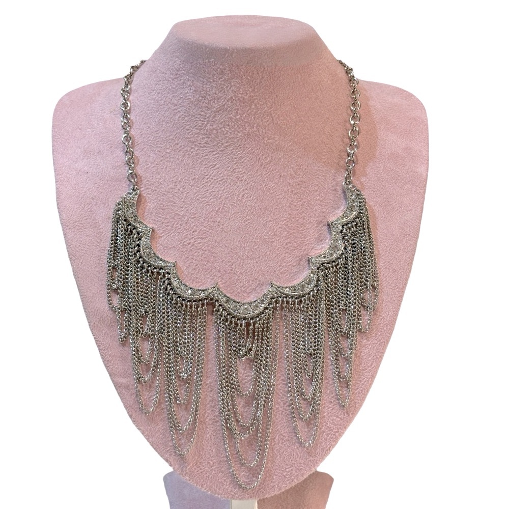 Drape Chains Collar Statement Necklace Silver‎ Tone